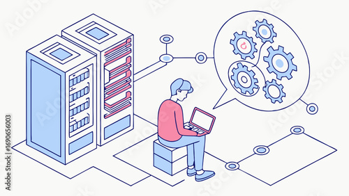 Isometric Illustration of Person Working on Laptop with Server and Cogs Representing System Optimization or Network Management.