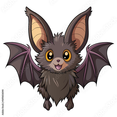 Cute furry bat with large ears and dark wings illustration
