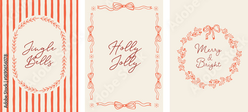Merry Christmas hand drawn greeting cards, banners, prints. La dolce vita style illustrations with Xmas trees, decorations and wreath. Vector design 