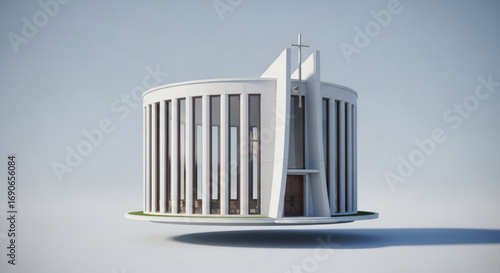 Modern church architecture design showcasing minimalist white building with cross and cylindrical structure