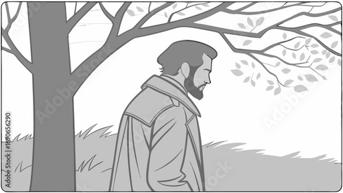 Man in coat standing under a tree grayscale illustration nature scene outdoor portrait contemplative pose.