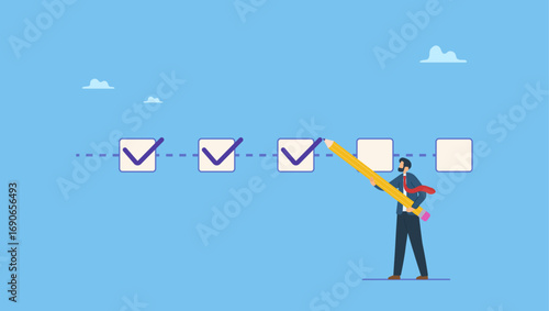 Businessman project manager tick project checklist progress. Project tracking, finishing or development completion progress, project timeline or task workflow, productivity or efficiency.