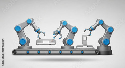 Automated manufacturing process with robotic arms assembling smartphones on conveyor belt system line