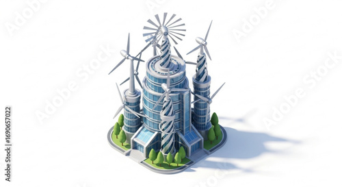 Modern sustainable city building with wind turbines and green energy for eco friendly urban design