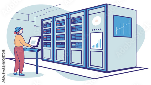 Person monitoring server room data center technology network illustration graphic.
