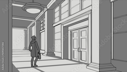 Person standing in a building hallway architectural sketch monochrome interior design.