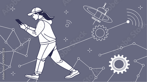 Person walking using mobile phone technology connection network satellite gear innovation futuristic concept.
