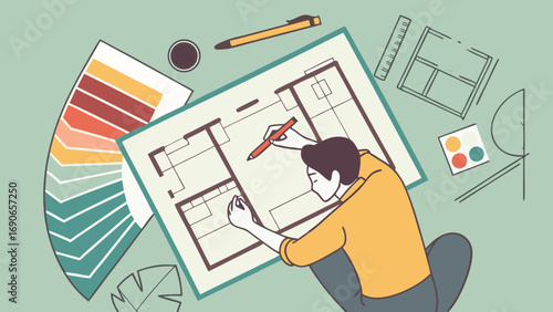 Person working on architectural blueprint design home interior color palette planning project.