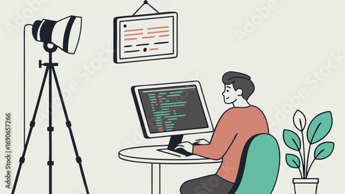 Person working on computer with studio lighting in the background.