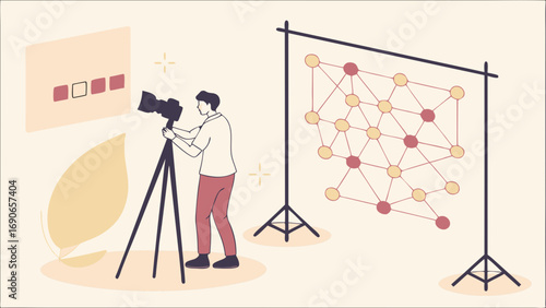 Photographer taking a picture of abstract art studio shoot design network connection modern illustration.