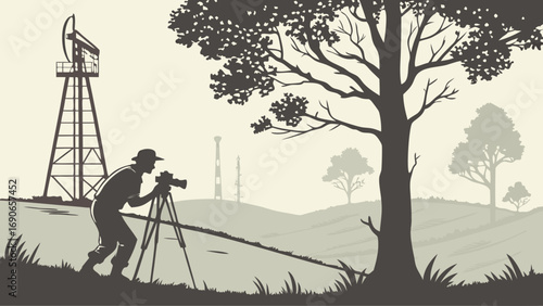 Photographer taking pictures of landscape with oil derrick in the background.