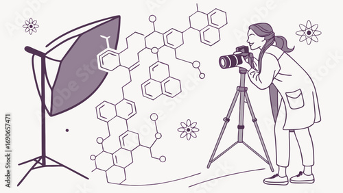 Photographer using professional camera on a tripod with studio lighting and science background illustration.