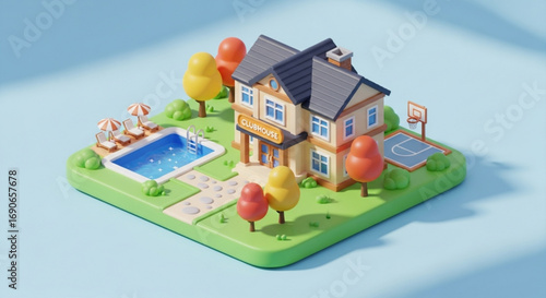 Isometric clubhouse illustration with pool and basketball court for real estate and architectural design projects