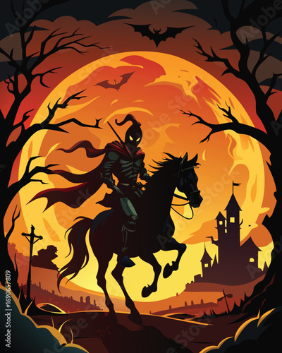 The headless horseman rides a black steed through a spooky landscape