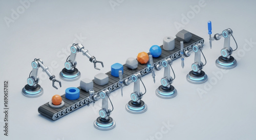 Automated industrial production line with robotic arms assembling products on conveyor belt system design concept