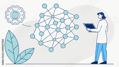 Science research network connection scientist studying data technology innovation molecular structure vector illustration flat design graphic design network connection nodes links research developmen.
