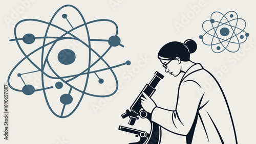 Scientific researcher using a microscope atoms illustration science background laboratory research vector graphic medical research scientific discovery scientific experiment healthcare technology inn.