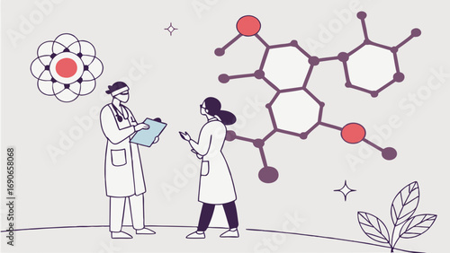 Scientists discussing molecular structure medical research lab illustration healthcare professionals teamwork collaboration discovery science technology medicine chemistry biology pharmaceutical rese.