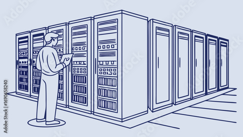 Server room technician inspecting data center equipment technology infrastructure IT support network maintenance data storage cloud computing digital transformation cybersecurity information technolo.