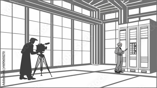 Silhouette of a Cameraman Filming a Person at a Server Rack in a Modern Building.