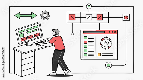 Software Development Process Programmer at Work Coding Workflow Web Development Illustration Flat Design Data Flowchart Modern Technology UI Design UX Design Project Management Agile Methodology Soft.