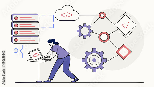 Software development programmer coding cloud computing data processing IT technology web development digital illustration workflow programming concept algorithm data center network server gears conne.