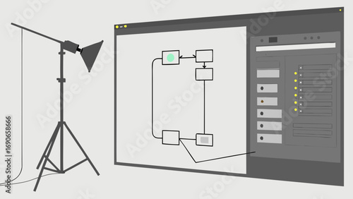 Studio lighting setup with computer screen showing workflow diagram.