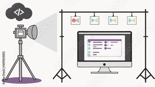 Studio Photography Setup with Computer and Lighting.