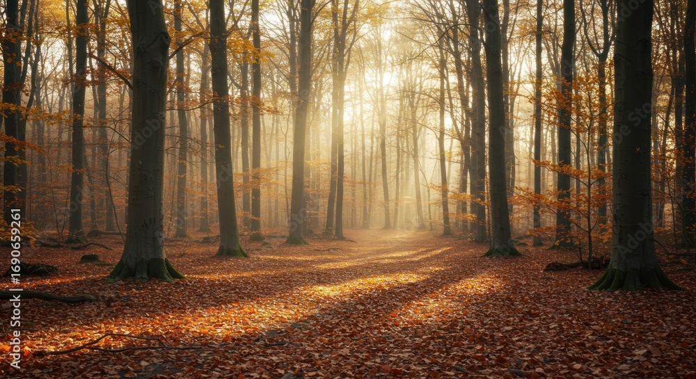 Fototapeta premium Sunlight streams through a misty autumn forest, illuminating a pathway lined with tall trees and a carpet of fallen leaves.
