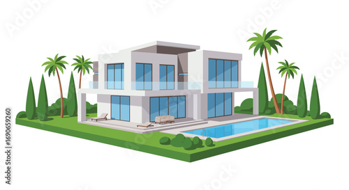 modern house with swimming pool surrounded by palm trees