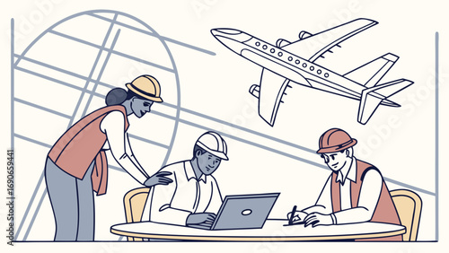 Team of engineers collaborating on a project airplane design laptop planning architecture blueprint.