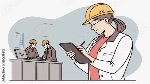 Team of engineers working on project woman taking notes on tablet.