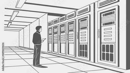 Technician Inspecting Server Room Equipment Illustration Data Center Maintenance IT Infrastructure Graphic.