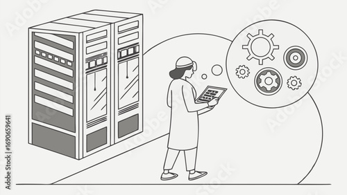 Technician Inspecting Server Racks with Digital Tablet and Cogwheel Concept Illustration.