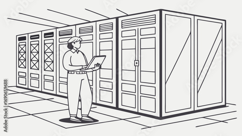 Technician inspecting server room infrastructure data center illustration IT maintenance network technology digital security cloud computing modern data center technology illustration data storage ne.