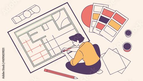 Top view of a person designing a floor plan with color swatches and pencils.