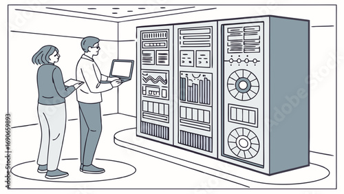 Two colleagues analyzing data on a server rack in a data center.