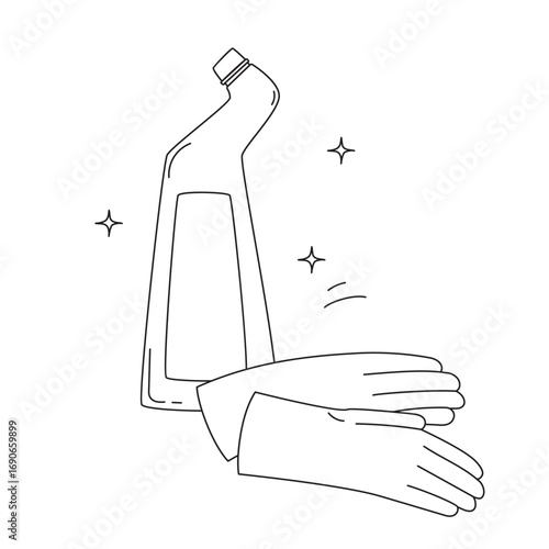 Cleaning tools - bottle with household chemicals and rubber gloves. Doodle vector illustration isolated on white background