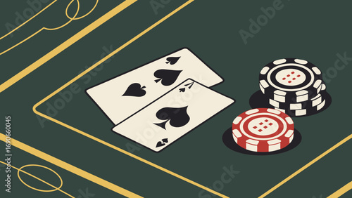 Two playing cards and casino chips on a table.