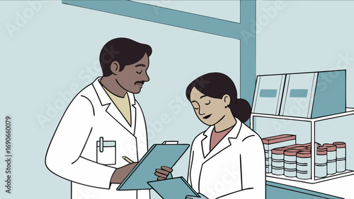 Two scientists reviewing documents in a laboratory setting.