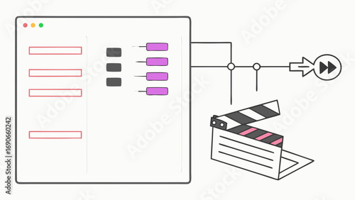 Video editing software interface with clapperboard and fast forward button illustration.