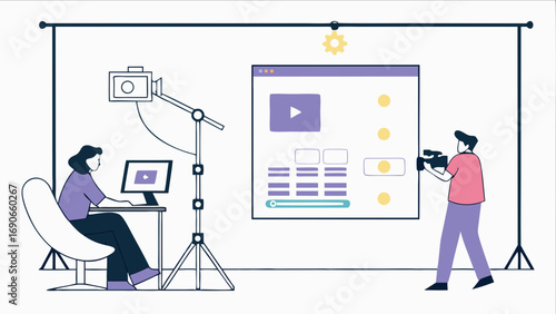 Video Production Studio Filmmaking Team Content Creation Illustration Online Video Editing Digital Media Video Recording Broadcasting Streaming Studio Setup Film Crew Video Production Workflow Online.