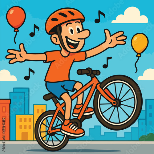 Cartoon boy riding bicycle with one wheel up in the air with balloons and music notes