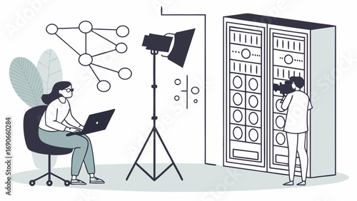 Video Production Studio Filmmaking Team Content Creation Digital Media Server Room Online Broadcasting Technology Illustration.