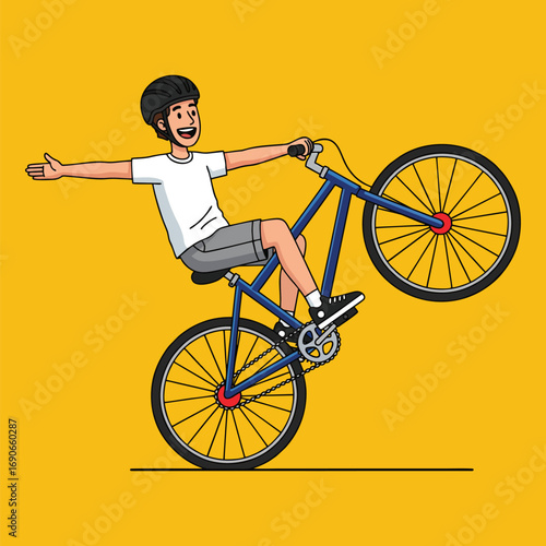 Cartoon boy doing a wheelie on a blue bicycle with a yellow background image