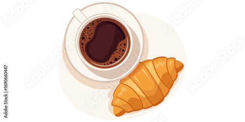 Flatlay vector illustration of a steaming cup of coffee placed beside a golden flaky croissant on a white background, high quality detailed design with realistic vector shapes, simple clean breakfast 