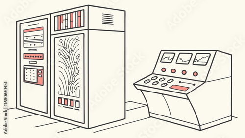 Vintage Computer System Retro Technology Illustration Data Processing Equipment Mainframe Control Panel Digital Design Schematic Drawing 1970s Technology Old Computer Classic Hardware Retro Computing.