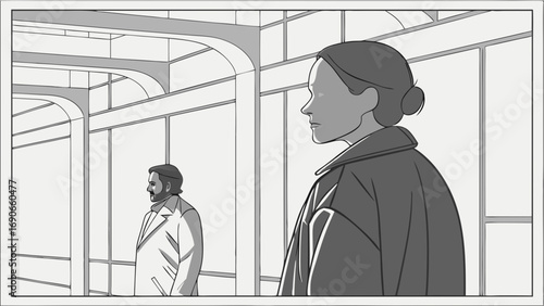 Waiting Figures in Modern Architecture Monochrome Illustration.