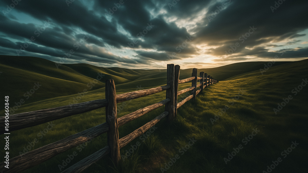 Fototapeta premium Rolling Hills Landscape with Wooden Fence: A captivating landscape featuring a weathered wooden fence gracefully meandering across rolling green hills beneath a dramatic, cloud-filled sky.