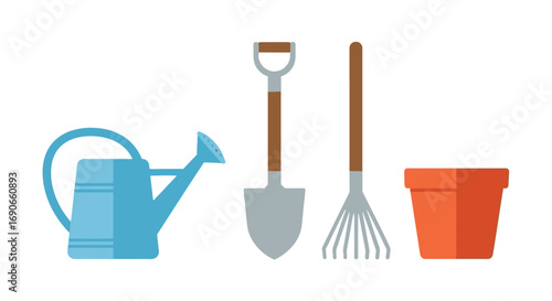 Gardening Tools Set Blue Watering Can Shovel Rake and Orange Pot.